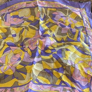 MULTI COLOR SILK SCARF PUCCI INSPIRED PRINT, 20.5” square, purple yellow